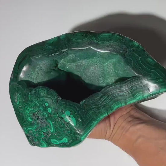 6.65 LB, 7.48 Inches Cabinet Malachite Geode Half Natural Half Polished